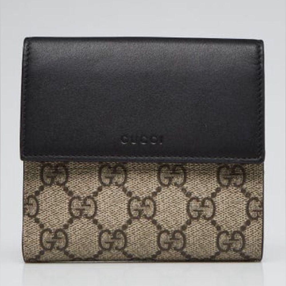 Gucci Bifold Black Beige GG Supreme Monogram French Wallet